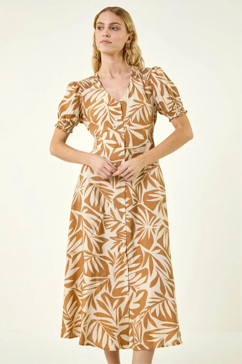 Roman Camel Abstract Print Button Midi Dress - 12 Image 4