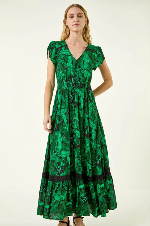 Roman Green Tropical Leaf Print V-Neck Midi Dress - 18 Image 2