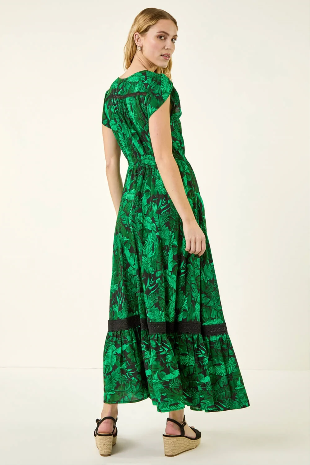 Roman Green Tropical Leaf Print V-Neck Midi Dress - 18 Image 3