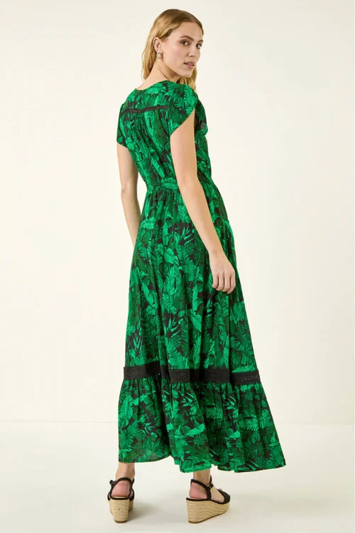 Roman Green Tropical Leaf Print V-Neck Midi Dress - 18 Image 3