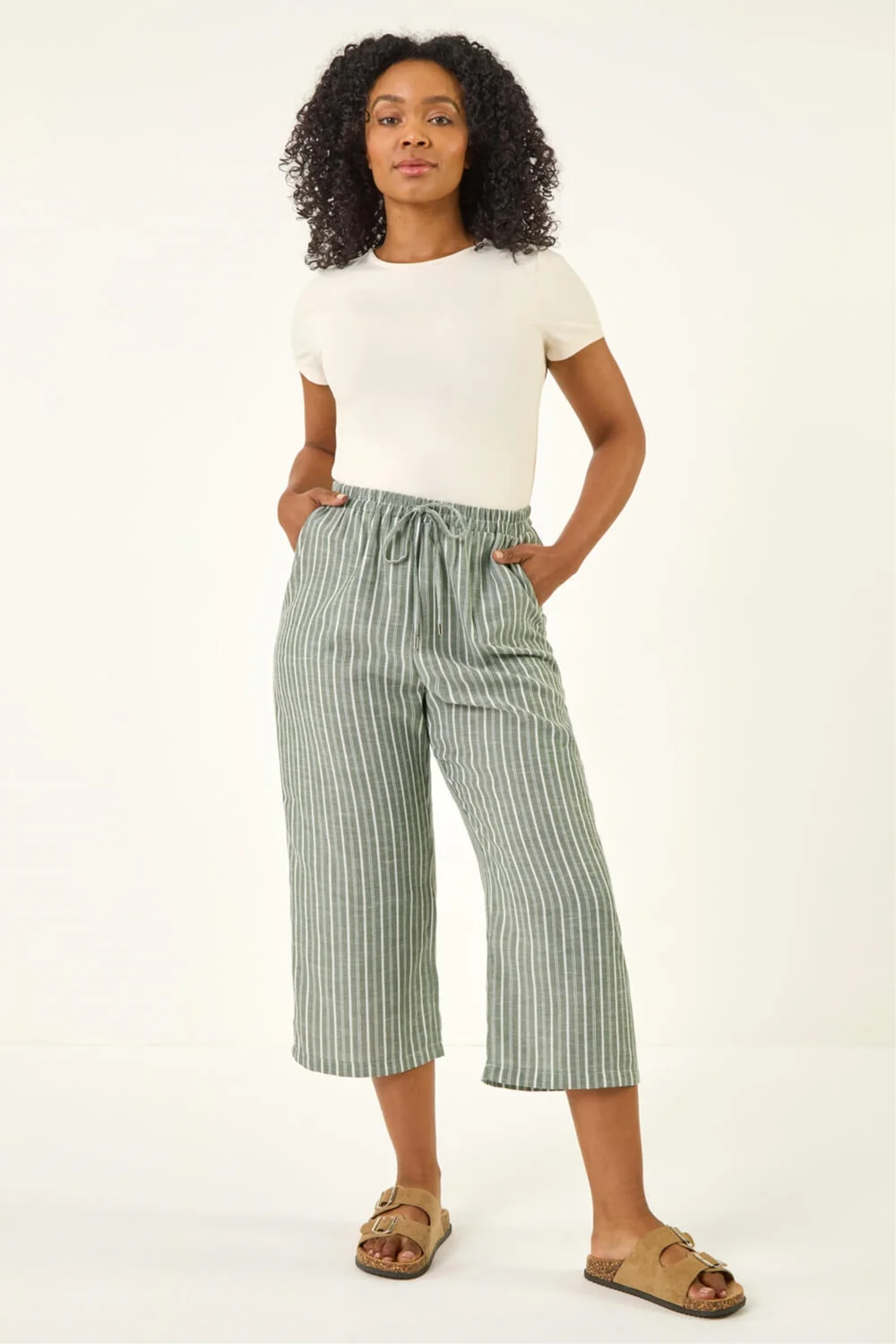 Roman Khaki Petite Stripe Cropped Wide Leg Trouser - 12 Image 2