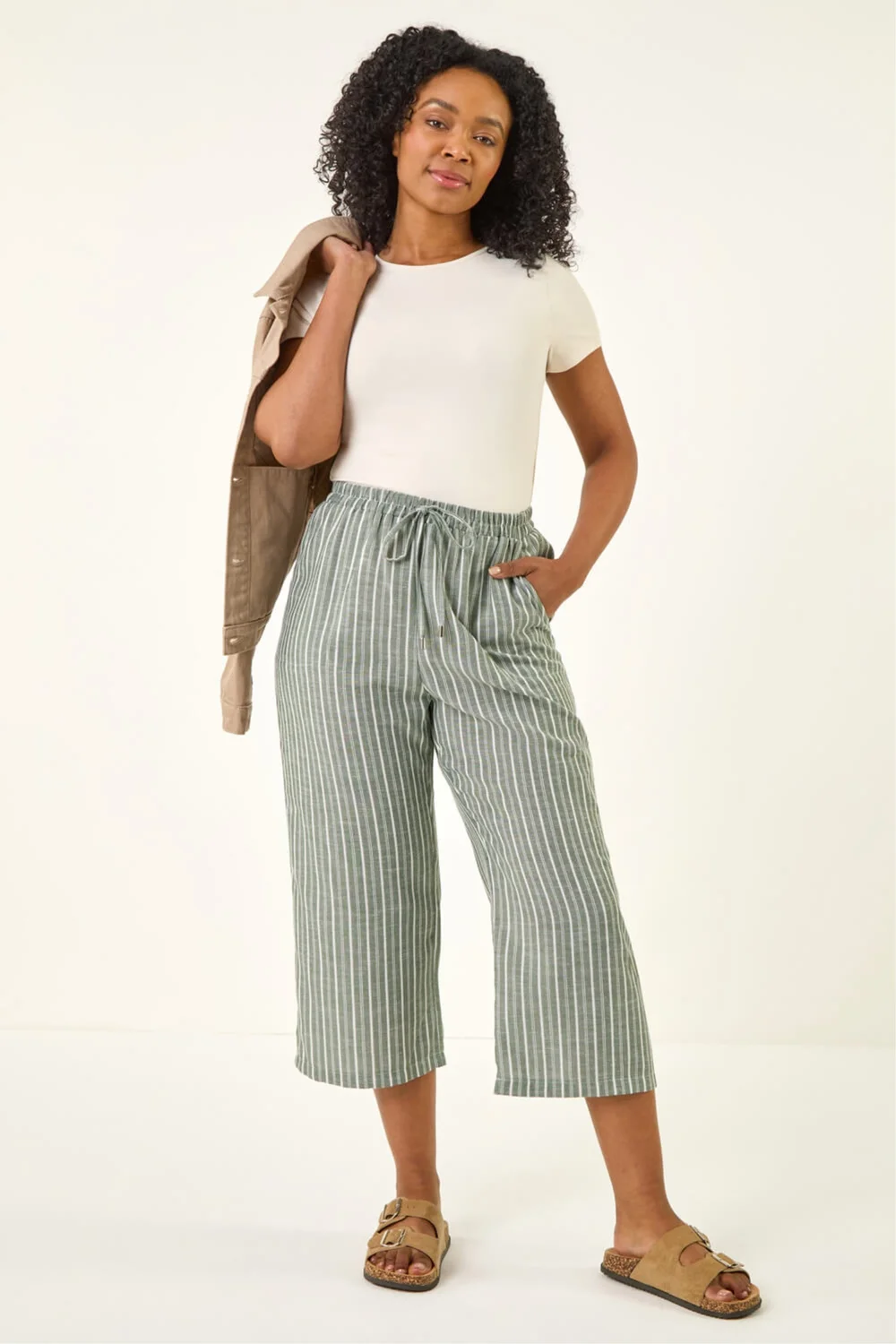 Roman Khaki Petite Stripe Cropped Wide Leg Trouser - 12 Image 1