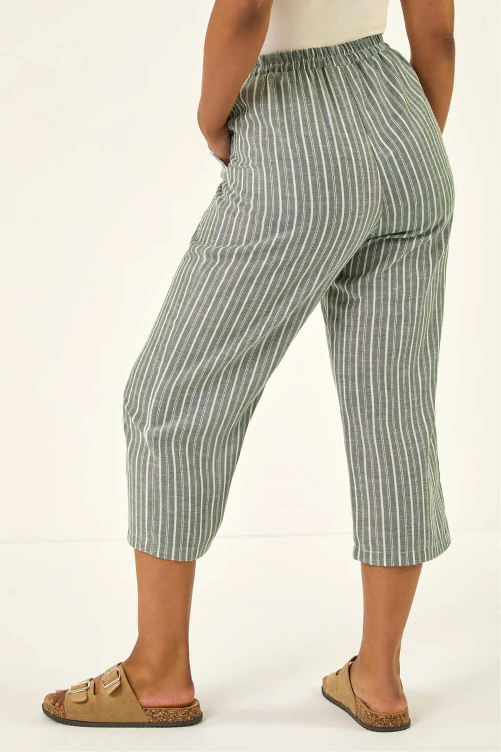 Roman Khaki Petite Stripe Cropped Wide Leg Trouser - 12 Image 3