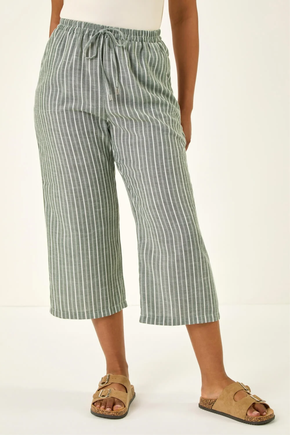 Roman Khaki Petite Stripe Cropped Wide Leg Trouser - 12 Image 4