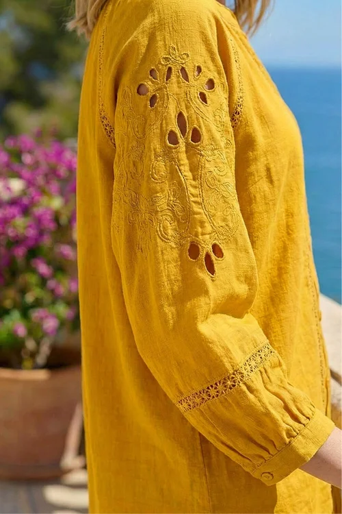 Roman Ochre Embroidered Cotton Sleeve Blouse - 20 Image 4