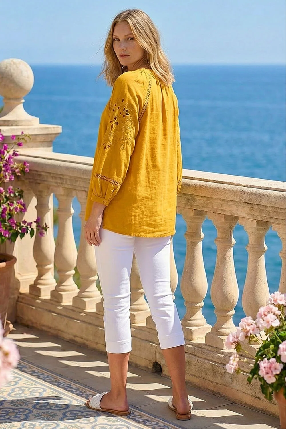 Roman Ochre Embroidered Cotton Sleeve Blouse - 20 Image 3