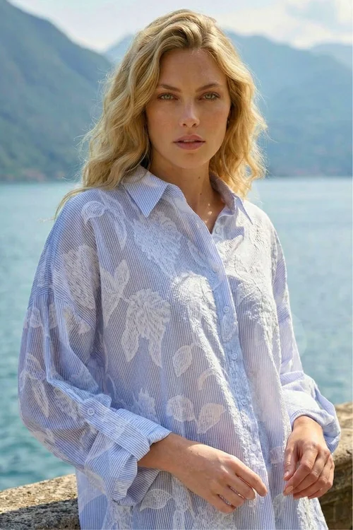 Roman Light Blue Floral Jacquard Buttoned Shirt - 14 Image 4