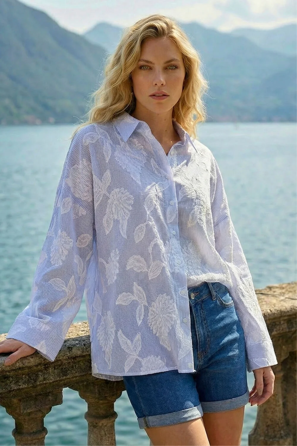 Roman Light Blue Floral Jacquard Buttoned Shirt - 14 Image 1
