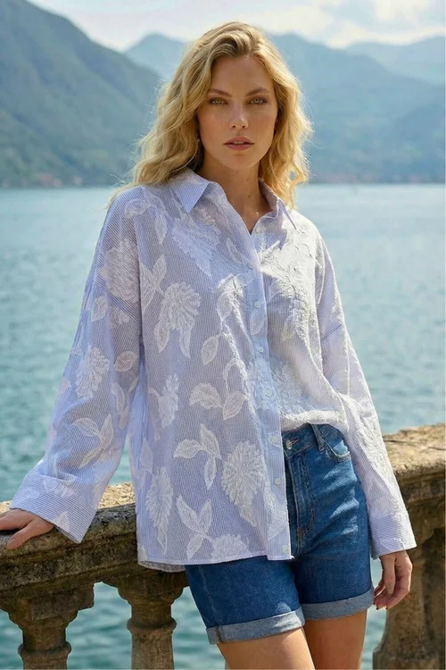 Roman Light Blue Floral Jacquard Buttoned Shirt - 14 Image 1
