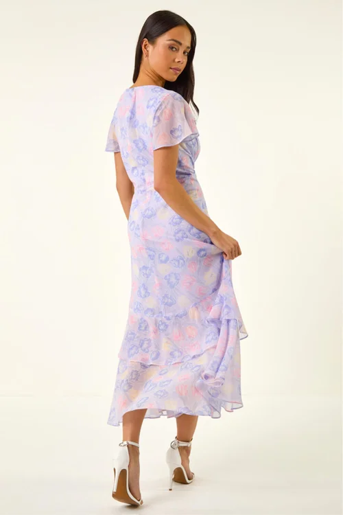 Roman Lilac Petite Floral V-Neck Frill Midi Dress - 10 Image 3
