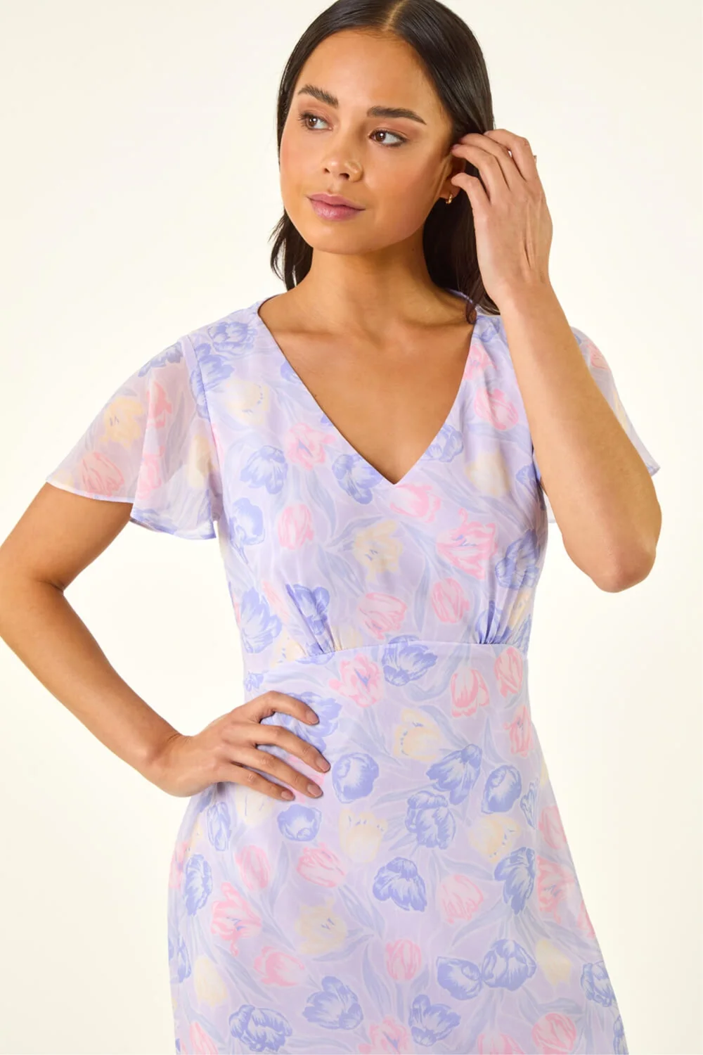 Roman Lilac Petite Floral V-Neck Frill Midi Dress - 10 Image 4