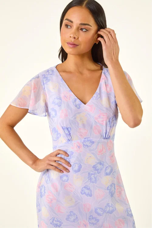 Roman Lilac Petite Floral V-Neck Frill Midi Dress - 10 Image 4