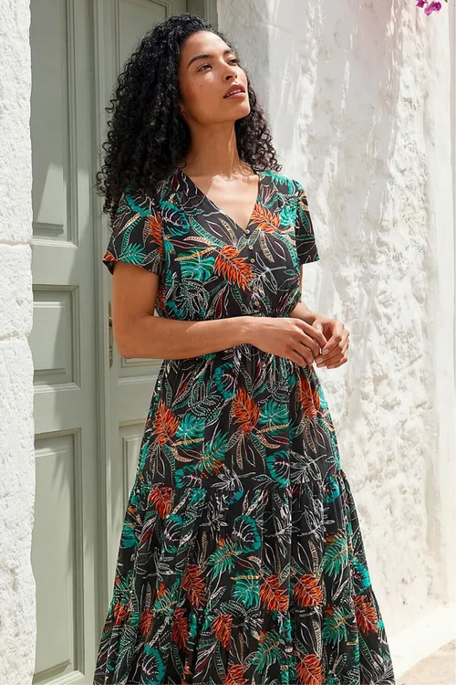 Roman Black Leaf Print V-Neck Tiered Midi Dress - 10 Image 3