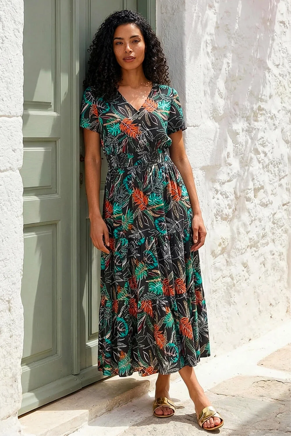 Roman Black Leaf Print V-Neck Tiered Midi Dress - 10 Image 1