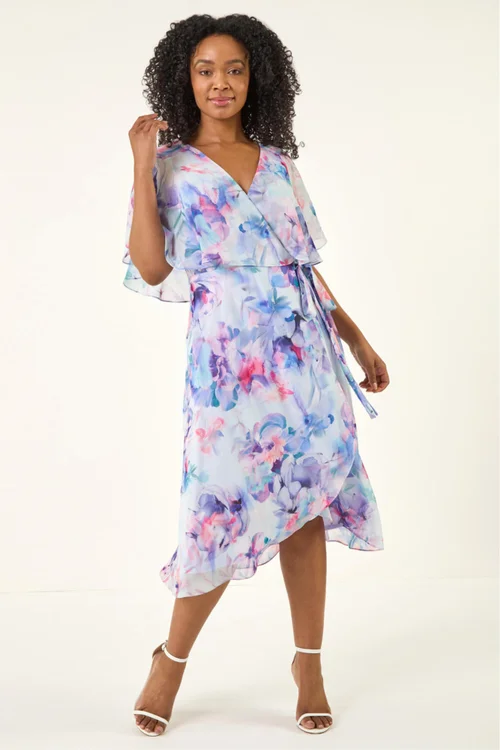 Roman Blue Petite Floral Tie Front Cape Dress - 8 Image 2