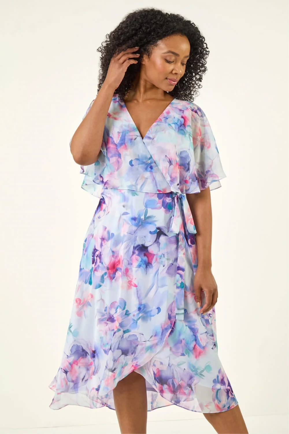Roman Blue Petite Floral Tie Front Cape Dress - 8 Image 1