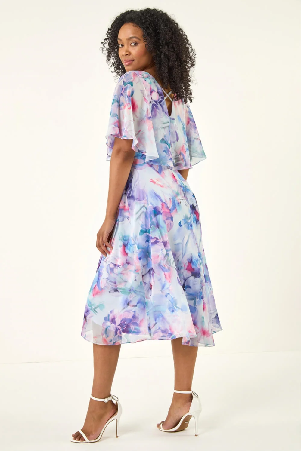 Roman Blue Petite Floral Tie Front Cape Dress - 8 Image 3