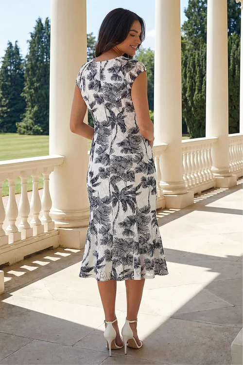 Roman Ivory Palm Print Lace Godet Hem Dress - 20 Image 3