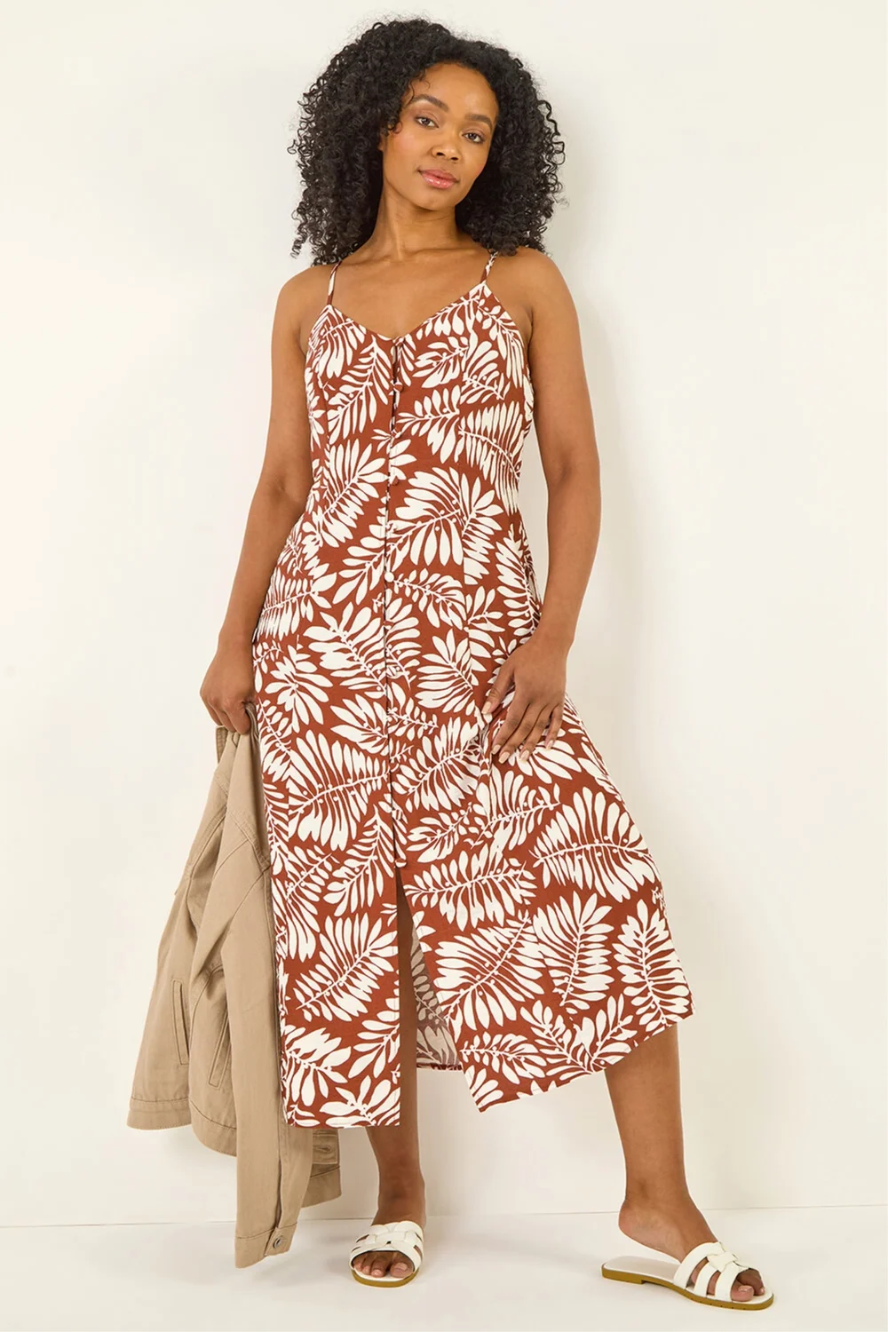 Roman Rust Petite Leaf Print Strappy Midi Dress - 12 Image 1