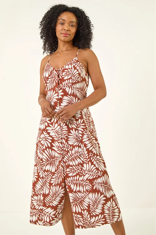 Roman Rust Petite Leaf Print Strappy Midi Dress - 12 Image 2