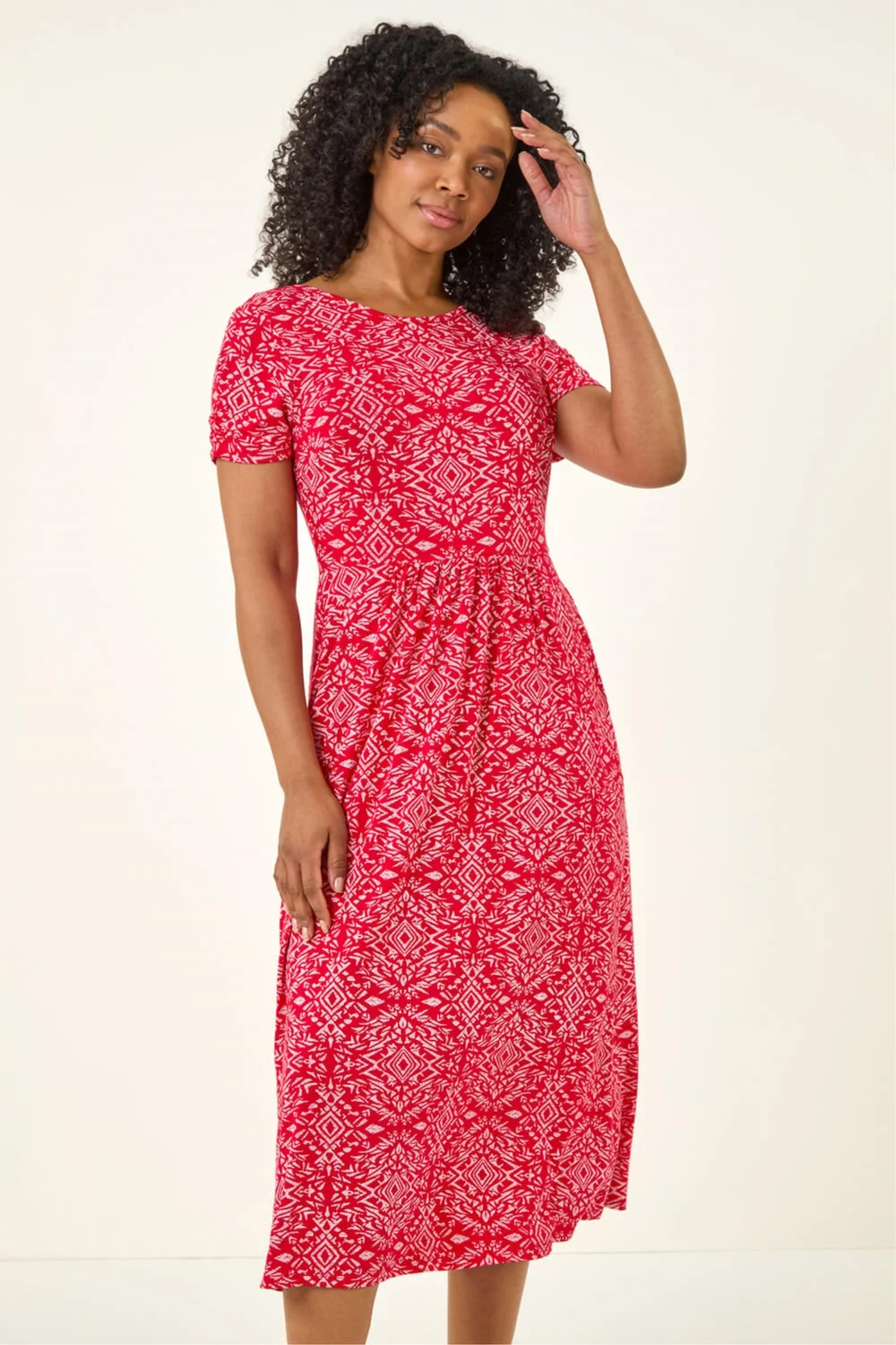 Roman Red Petite Aztec Gathered Waist Midi Dress - 12 Image 1