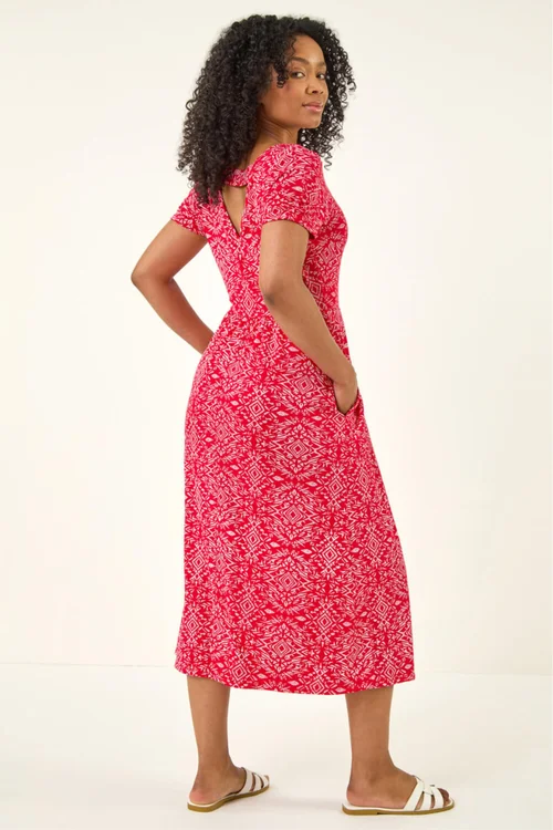 Roman Red Petite Aztec Gathered Waist Midi Dress - 12 Image 3