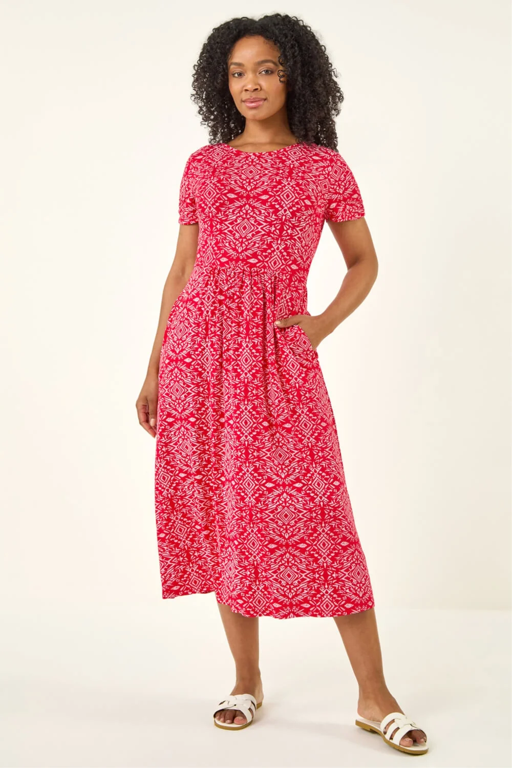 Roman Red Petite Aztec Gathered Waist Midi Dress - 12 Image 2