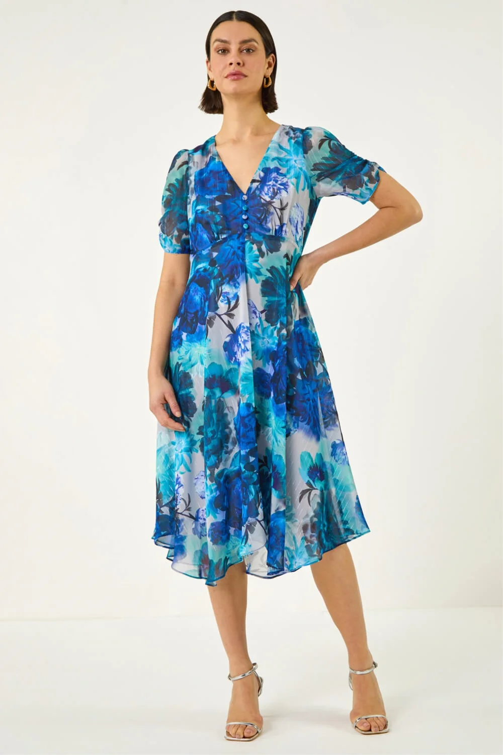 Roman Blue Floral Print Chiffon Midi Dress - 12 Image 2