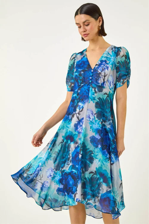 Roman Blue Floral Print Chiffon Midi Dress - 12 Image 1
