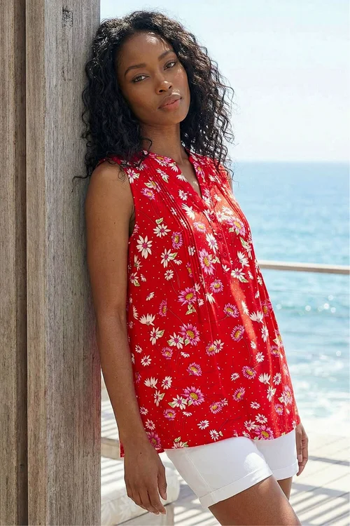 Roman Red Ditsy Floral Print Pintuck Top - 18 Image 1