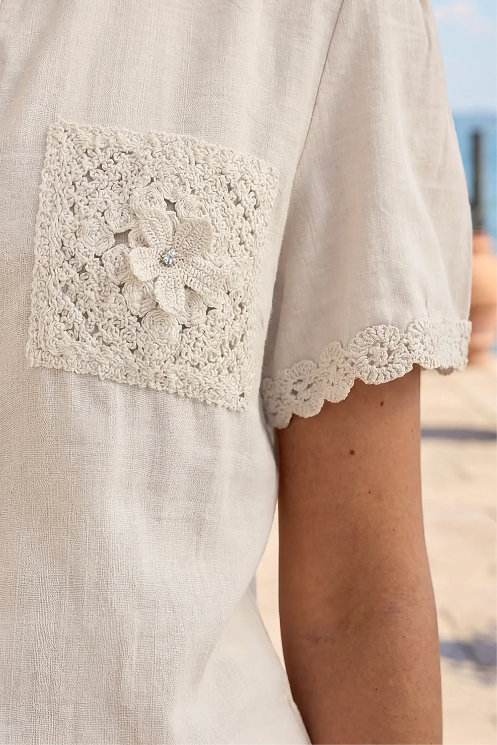 Roman Cream Crochet Pocket Button Shirt - 12 Image 4