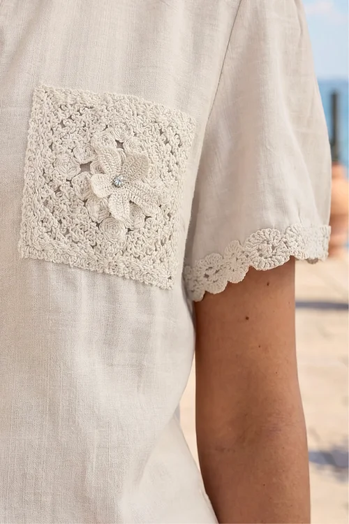Roman Cream Crochet Pocket Button Shirt - 12 Image 4