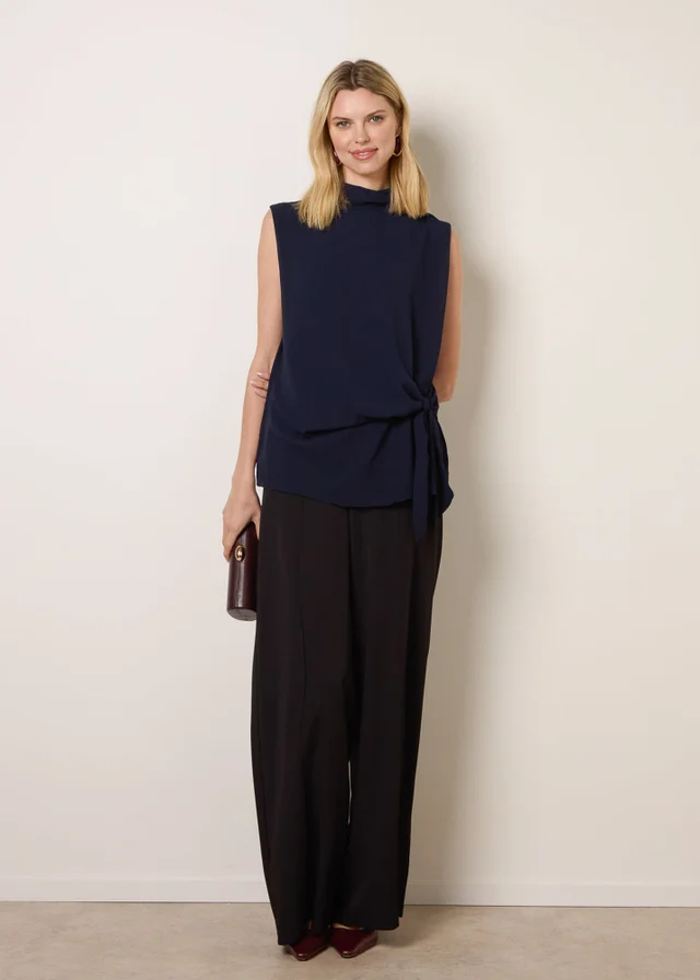 Blue Vanilla Navy Sleeveless Cowl Tie Front Chiffon Blouse