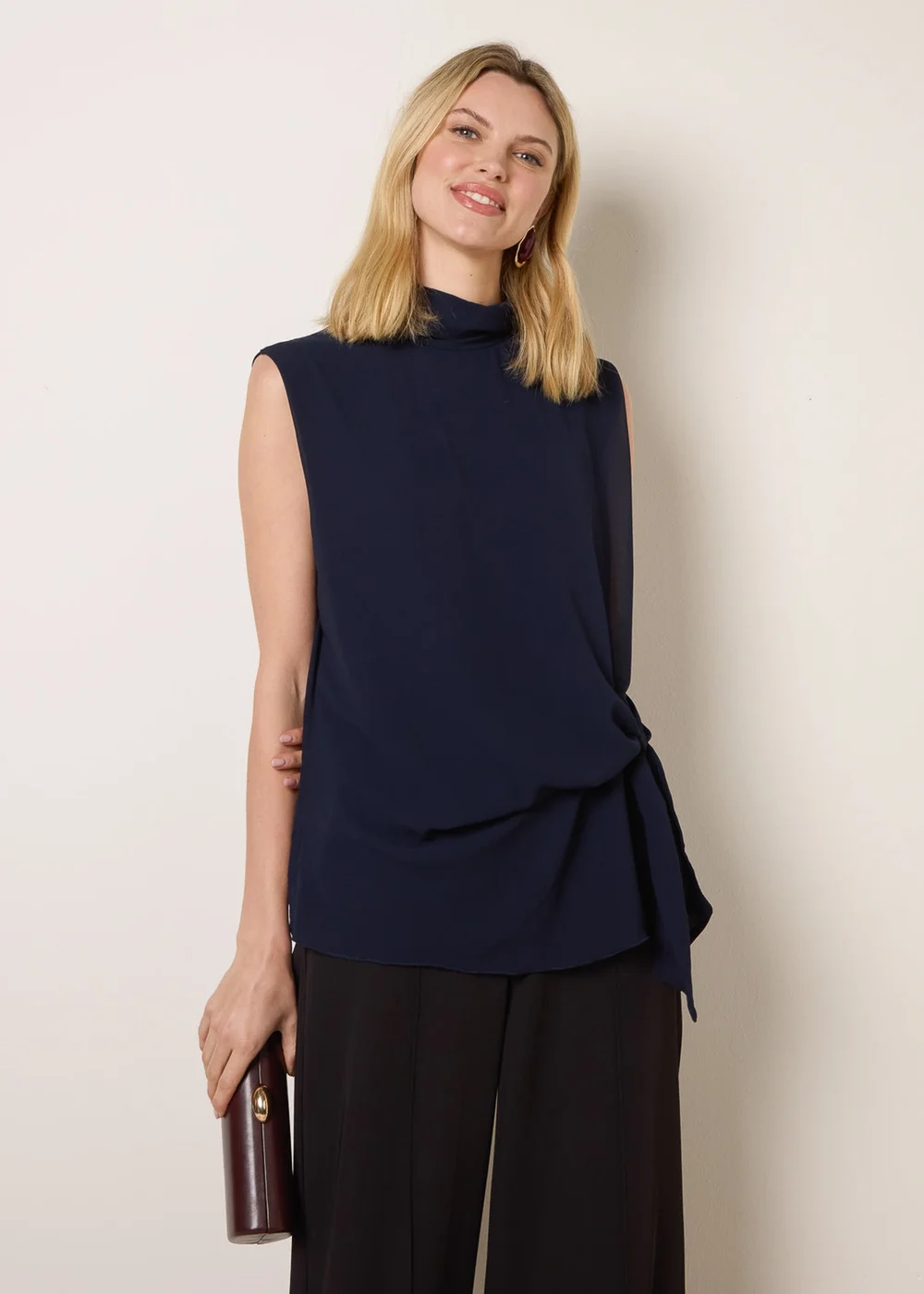 Blue Vanilla Navy Sleeveless Cowl Tie Front Chiffon Blouse - M/L Image 1