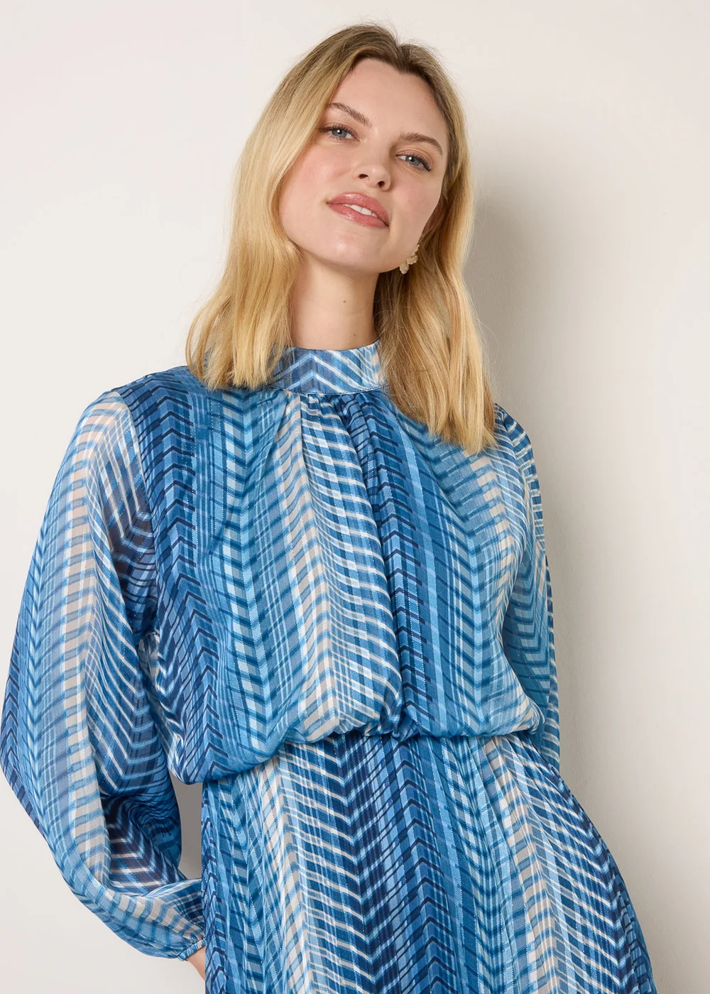 Blue Vanilla Navy Zig Zag Metallic High Neck Puffball Pleated Dress - S Image 3
