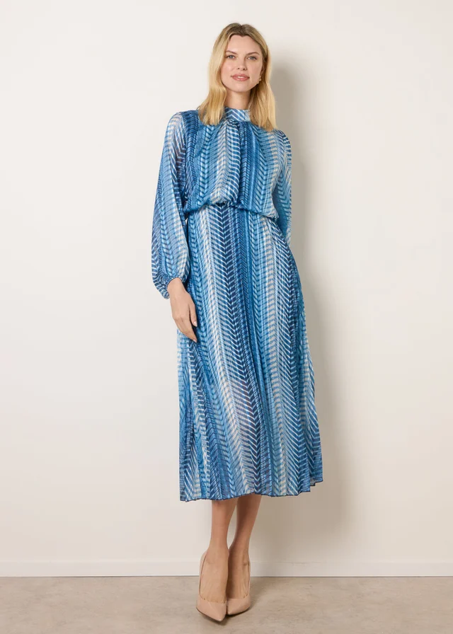 Blue Vanilla Navy Zig Zag Metallic High Neck Puffball Pleated Dress