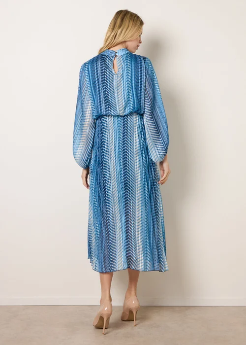 Blue Vanilla Navy Zig Zag Metallic High Neck Puffball Pleated Dress - S Image 4