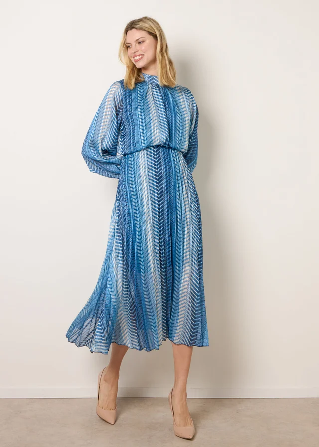 Blue Vanilla Navy Zig Zag Metallic High Neck Puffball Pleated Dress