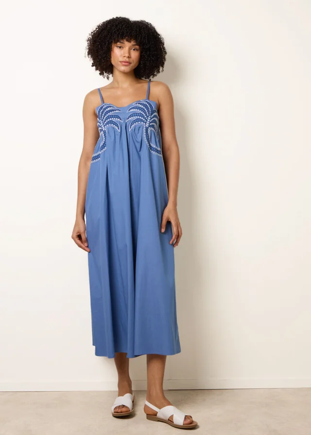 Blue Vanilla Blue Palm Tree Embroidery Smock Dress
