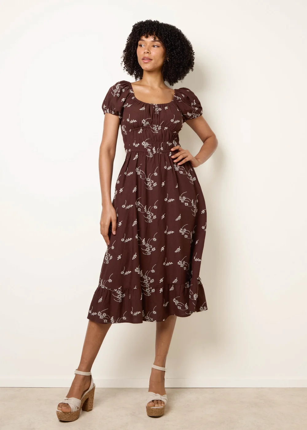 Blue Vanilla Brown Embroidery Milkmaid Midi Dress - M Blue Vanilla Brown Embroidery Milkmaid Midi Dress - M