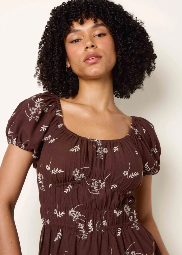 Blue Vanilla Brown Embroidery Milkmaid Midi Dress
