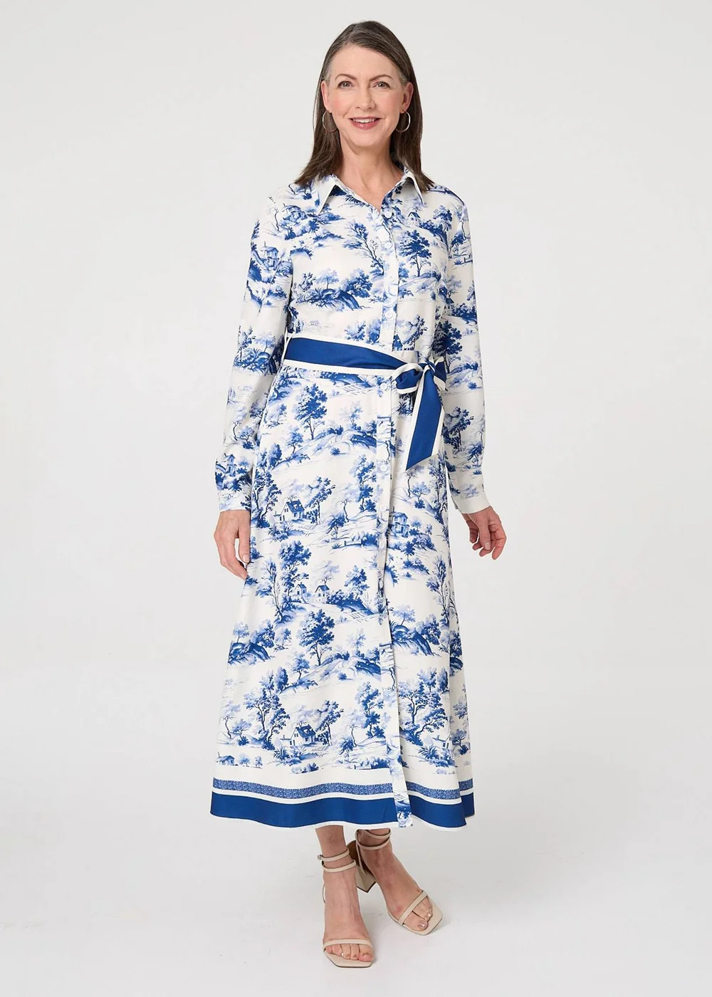 Izabel London Blue Border Print Tie Waist Maxi Shirt Dress - 10 Image 1