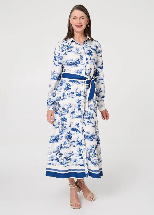 Izabel London Blue Border Print Tie Waist Maxi Shirt Dress - 10 Image 1