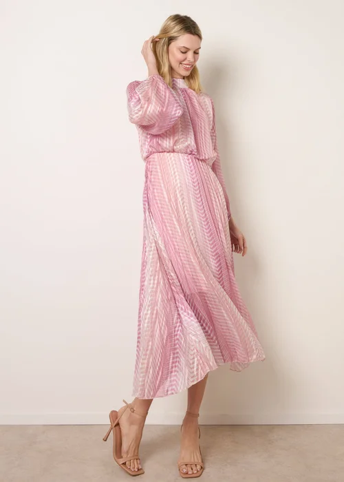 Blue Vanilla Pink Zig Zag Metallic High Neck Puffball Pleated Dress - L Image 3
