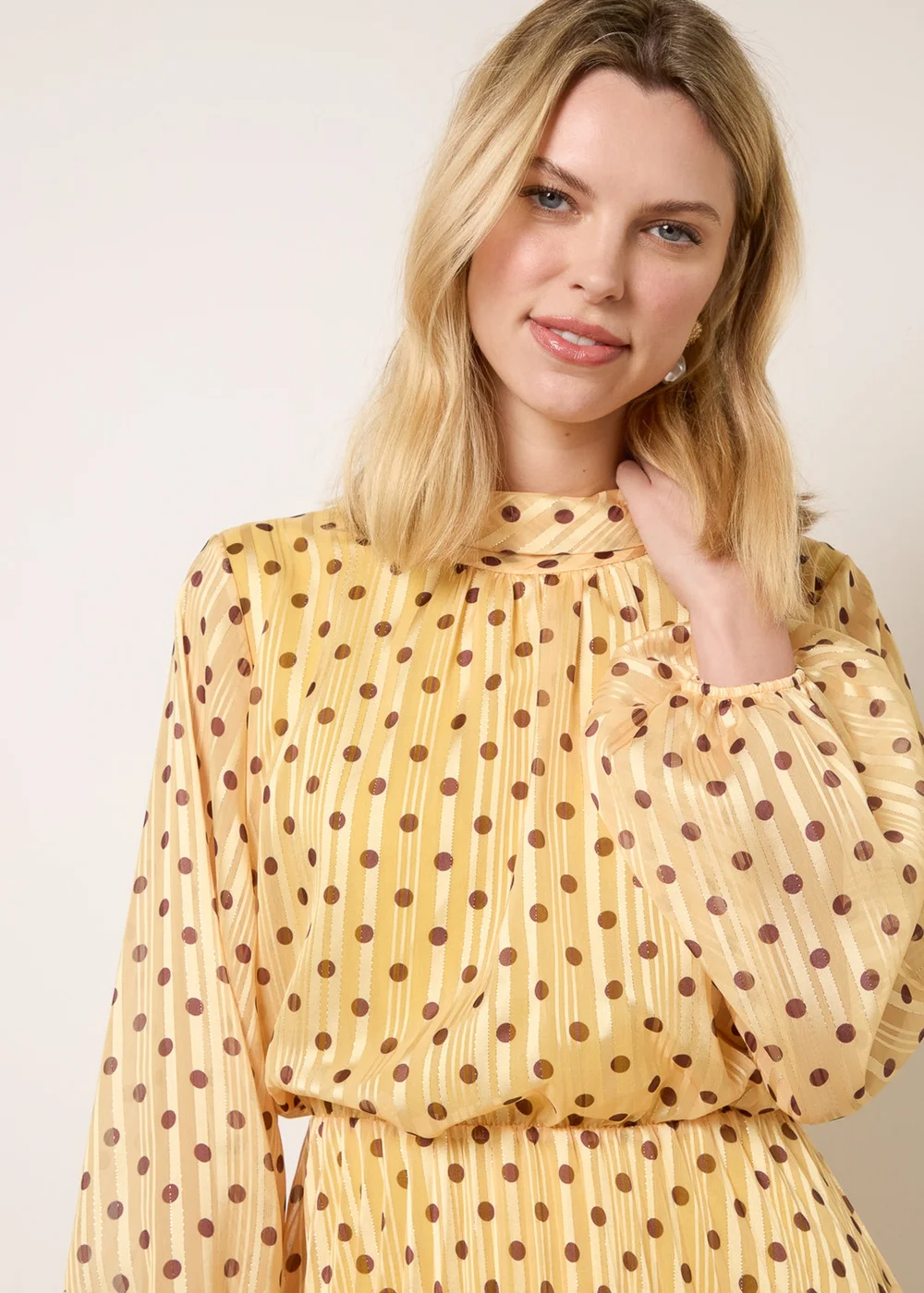 Blue Vanilla Yellow Polka Dot Cowl Neck Pleated Long Sleeve Dress - S Image 2