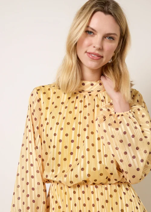 Blue Vanilla Yellow Polka Dot Cowl Neck Pleated Long Sleeve Dress - S Image 2