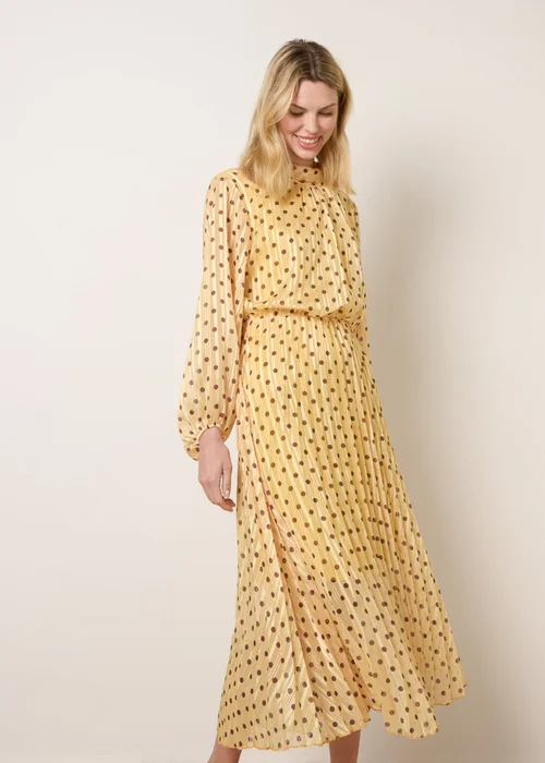 Blue Vanilla Yellow Polka Dot Cowl Neck Pleated Long Sleeve Dress - S Image 1