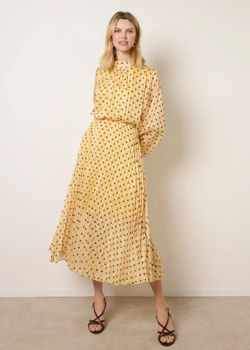 Blue Vanilla Yellow Polka Dot Cowl Neck Pleated Long Sleeve Dress - S Image 3