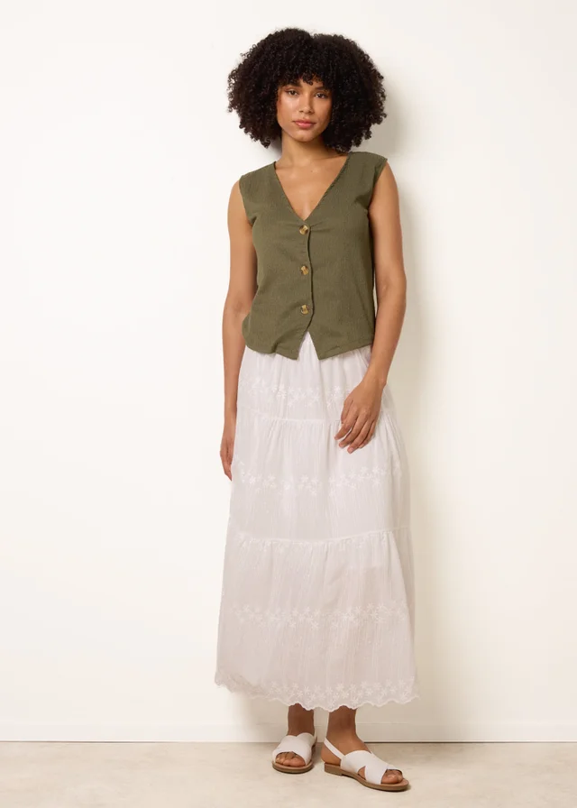 Blue Vanilla White Embroidered Tiered Maxi Skirt