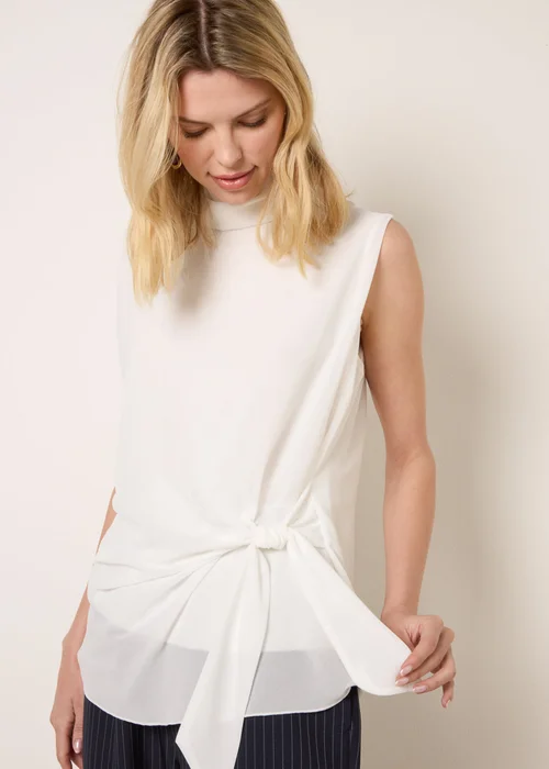 Blue Vanilla Ivory Sleeveless Cowl Tie Front Chiffon Blouse - S/M Image 1